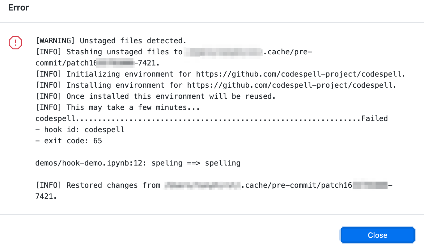 Example pre-commit action report showing typo detected by codespell.